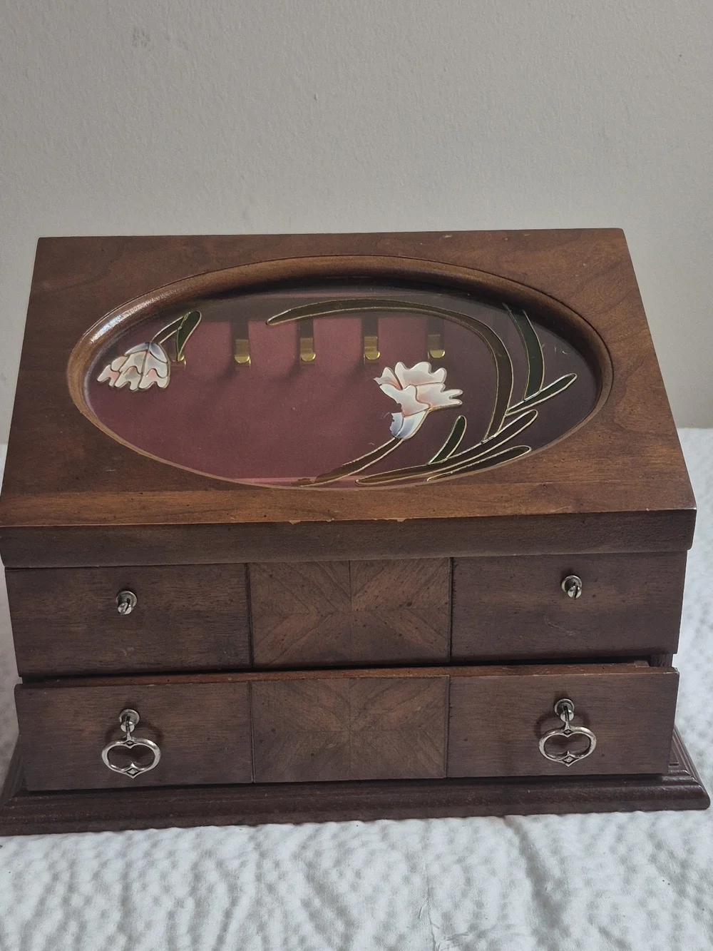 Vintage Wood Jewelry Box w/ Mirror, Floral Glass Lid, Drawers, Brown 11in 25+ pc